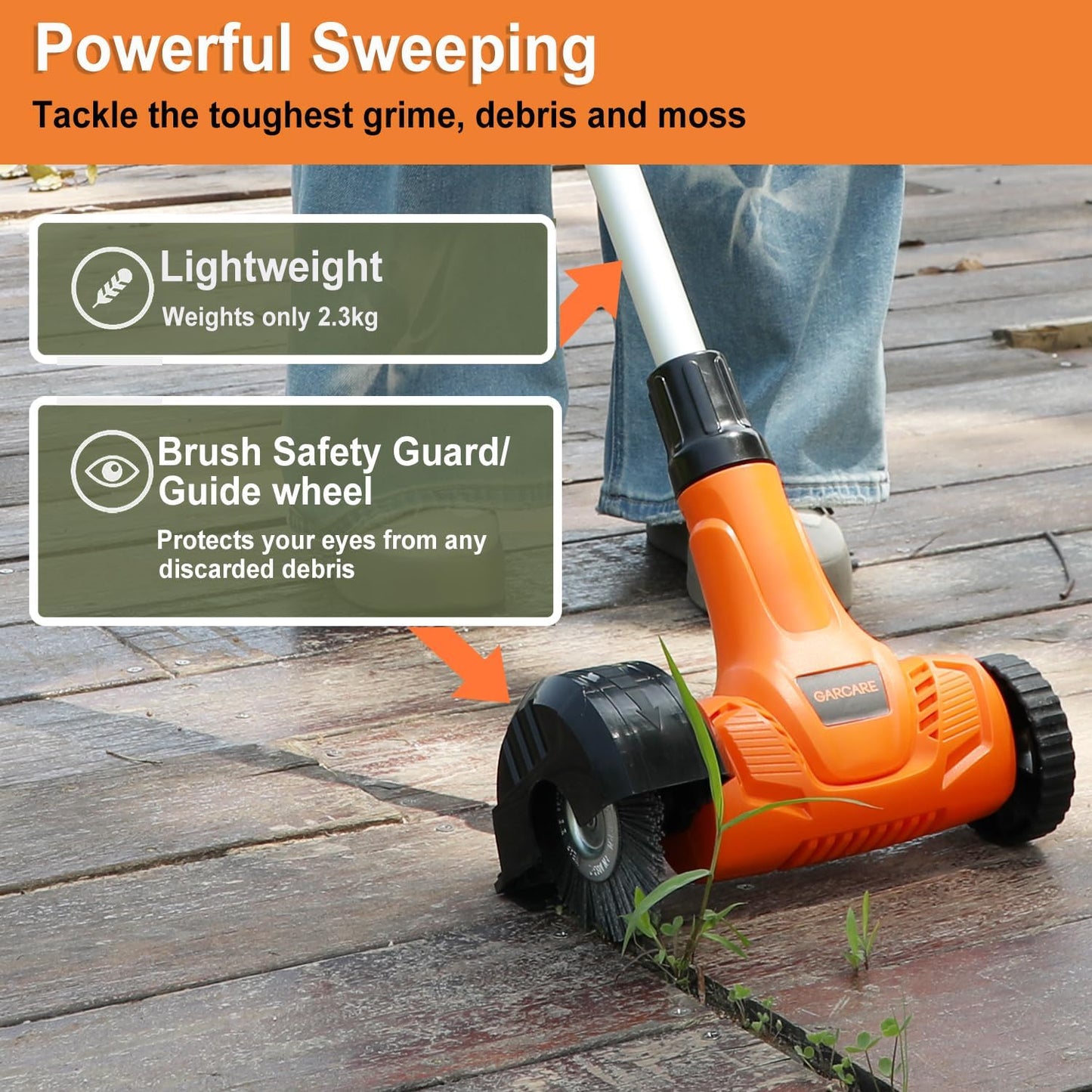 GARCARE 20V Cordless Patio Cleaner - Lightweight Driveway & Pavement Sweeper with Interchangeable Brushes, Adjustable Handle for Tile Gaps
