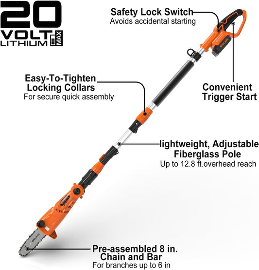 GARCARE Pole Chain Saw Cordless Chainsaw 20V 8 Inch Electric Saw for Tree Trimming Battery Chainsaw with 2.0Ah Battery & Quick Charger