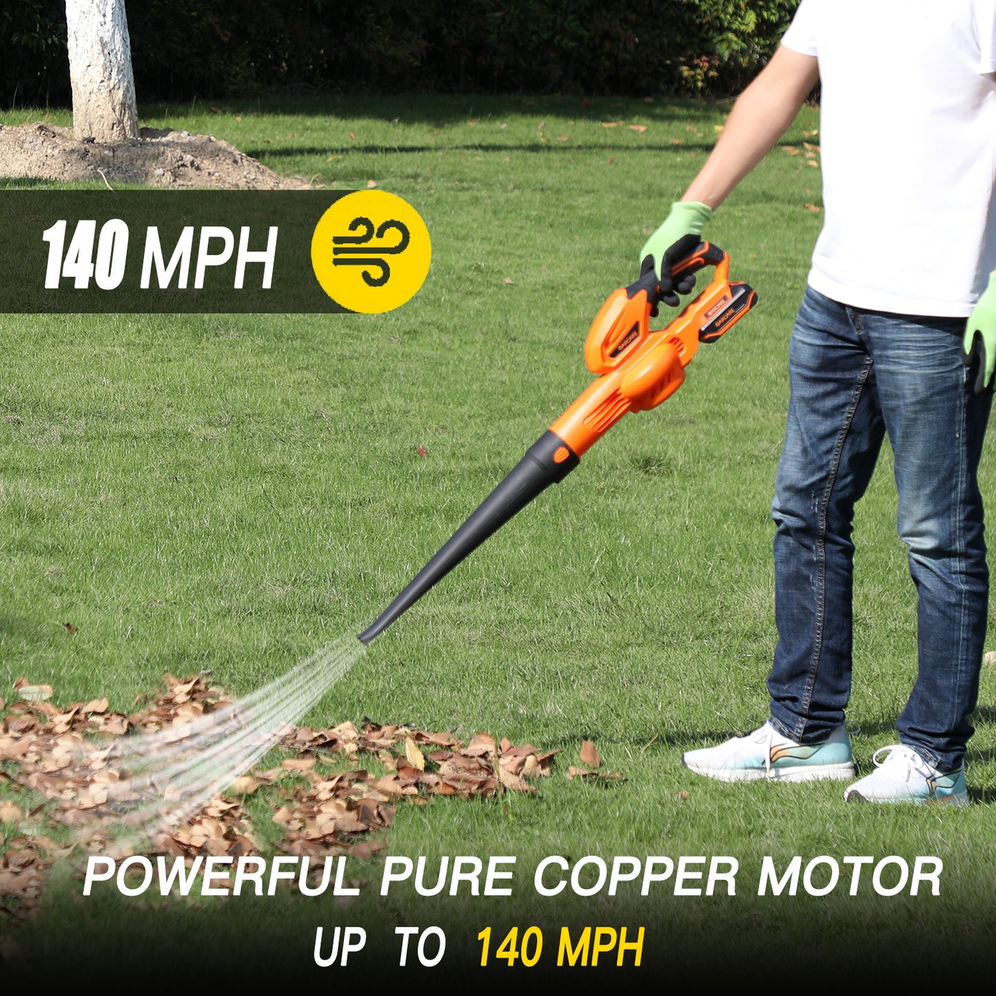 GARCARE 20V Leaf Blower Cordless-140MPH Air Speed Lightweight Blowers for Lawn Care Patio Sidewalk and Garage with 2.0Ah Battery and Fast Charger