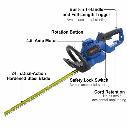 GARCARE 24-Inch Corded Electric Hedge Trimmer - 4.5 Amp, Dual-Action Blades, Rotary Handle, Safety Switches for Hedges, Shrubs, and Branches