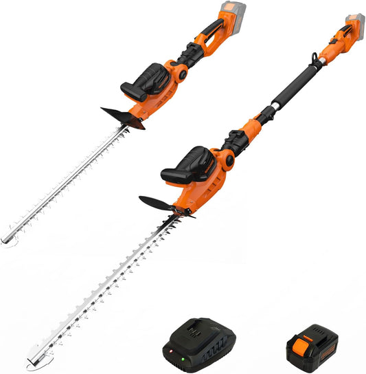 GARCARE 2 in 1 Pole Hedge Trimmer, Cordless Long Reach with 20V 4.0Ah Battery and Quick Charger, 20 inch Cutting Blade Length, 7/10 inch Cutting Capacity