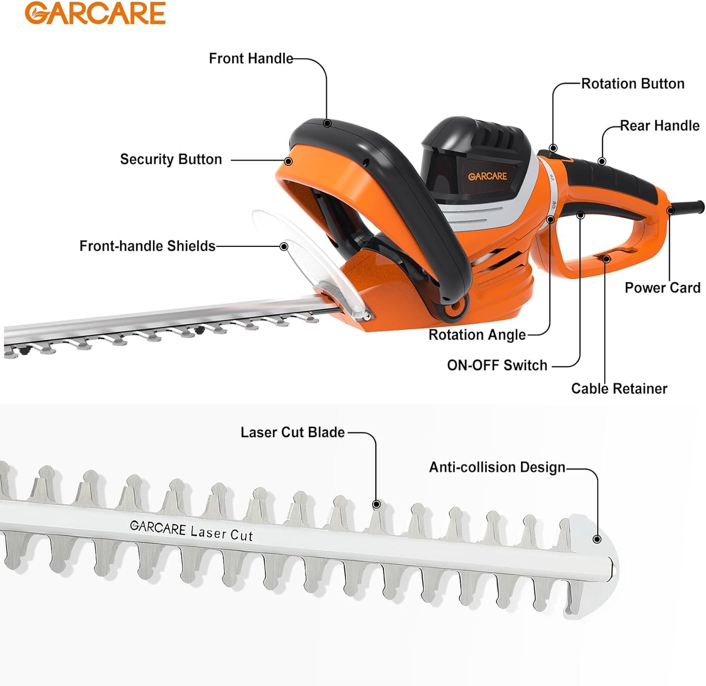 GARCARE Corded Electric Hedge Trimmer - Electric Tree Trimmers, Branch Cutter, Hedge Shears (4.8A, 610mm Laser Cut Blade, 18mm Cutting Capacity, Rotary Handle, Blade Cover Included)