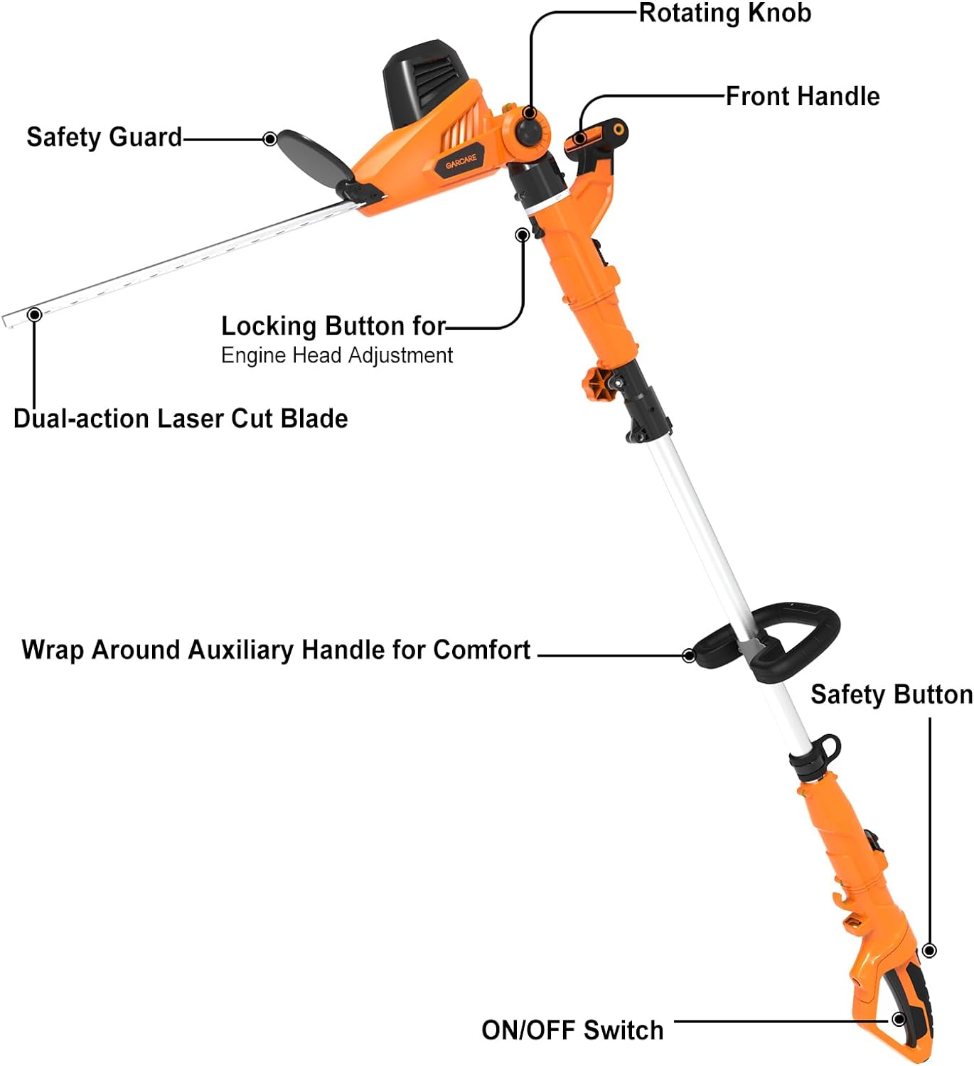 GARCARE 2 in 1 Hedge Trimmer Corded - Electric 4.8 Amp Hedge Clippers with 18-inch Laser Cut Blade, Orange & Black