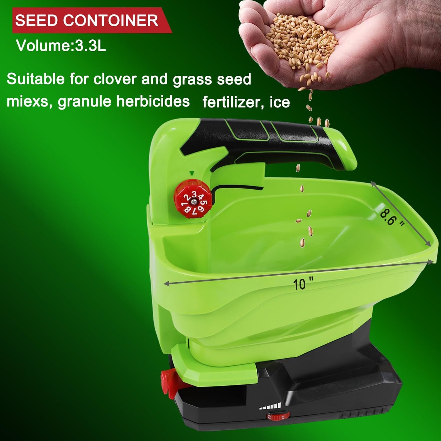 GARCARE 7.2V Cordless Seed Spreader - 2.0Ah Built-in Battery, Charging Cable Included, Handheld Fertilizer, 2.5h Standby Time, Capacity 3.3L for Fertilizer, Seeds