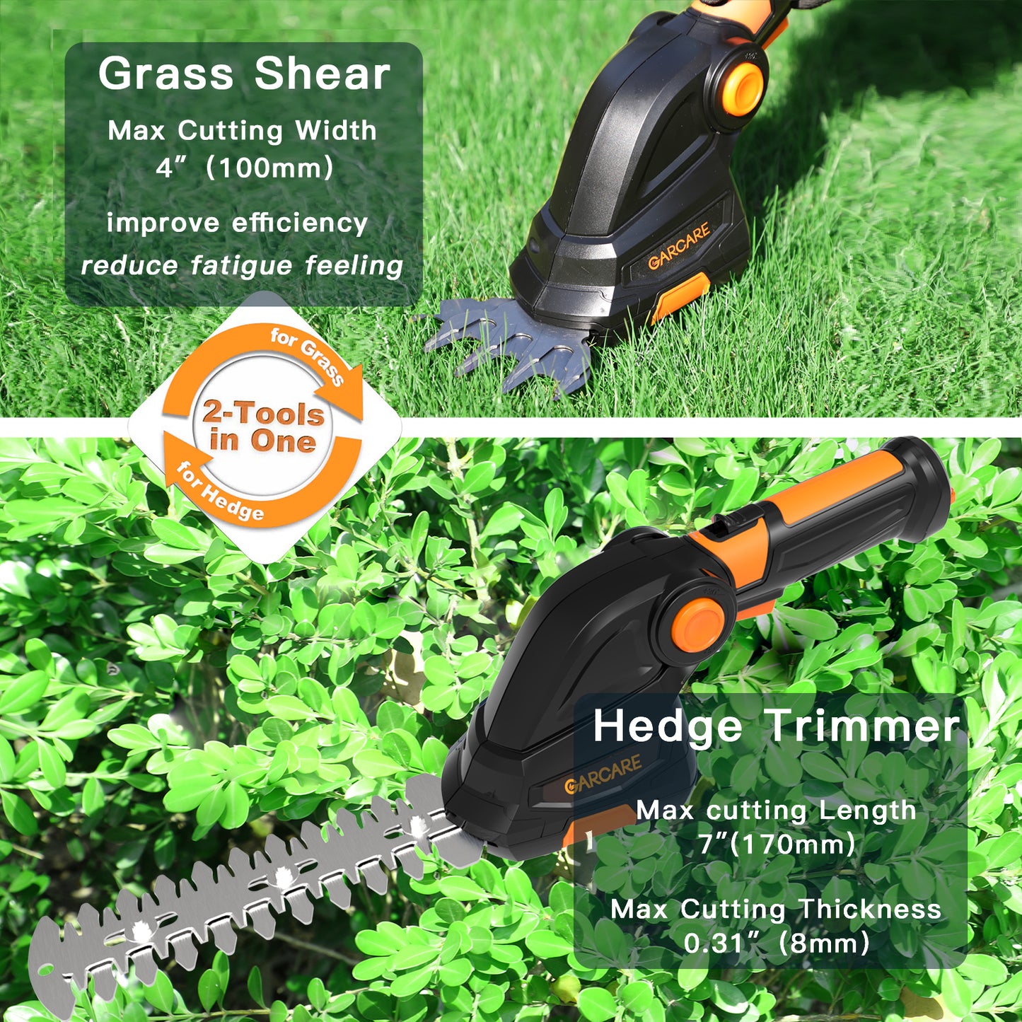 GARCARE 2 in 1 Grass Shears & Hedge Trimmer Cordless - Handheld Bush Trimmer & Grass Trimmer with 1500mAh Lithium-Ion Battery for Shrub, Garden, Grass and Lawn Cultivation