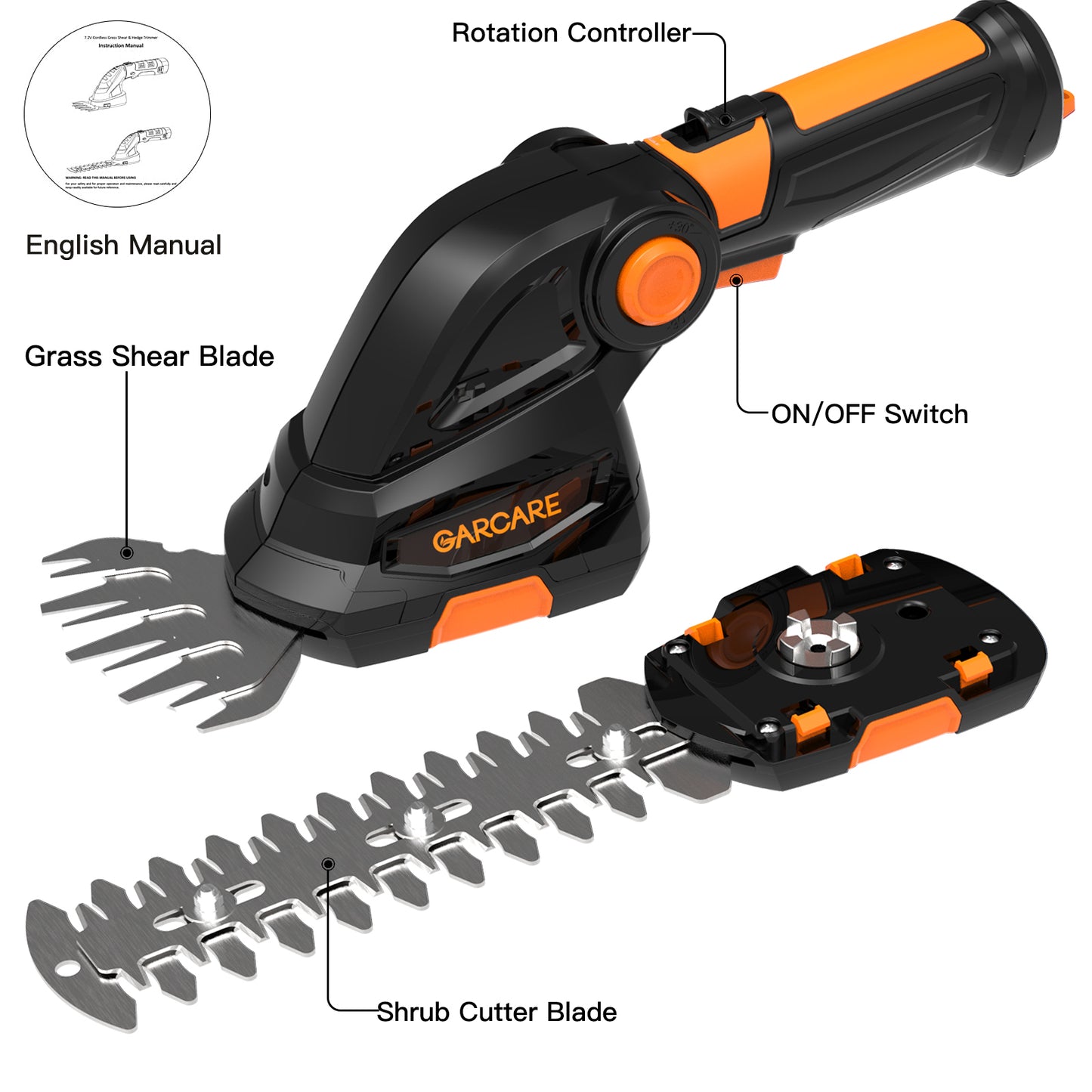 GARCARE 2 in 1 Grass Shears & Hedge Trimmer Cordless - Handheld Bush Trimmer & Grass Trimmer with 1500mAh Lithium-Ion Battery for Shrub, Garden, Grass and Lawn Cultivation