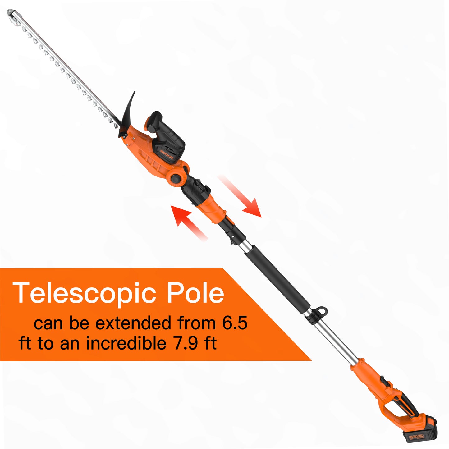 GARCARE 2 in 1 Pole Hedge Trimmer, Cordless Long Reach with 20V 4.0Ah Battery and Quick Charger, 20 inch Cutting Blade Length, 7/10 inch Cutting Capacity